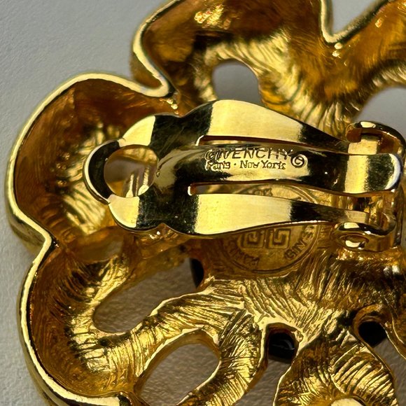 Givenchy Gold Flower Clip On Earrings with Black Cabochon - Picture 7 of 7